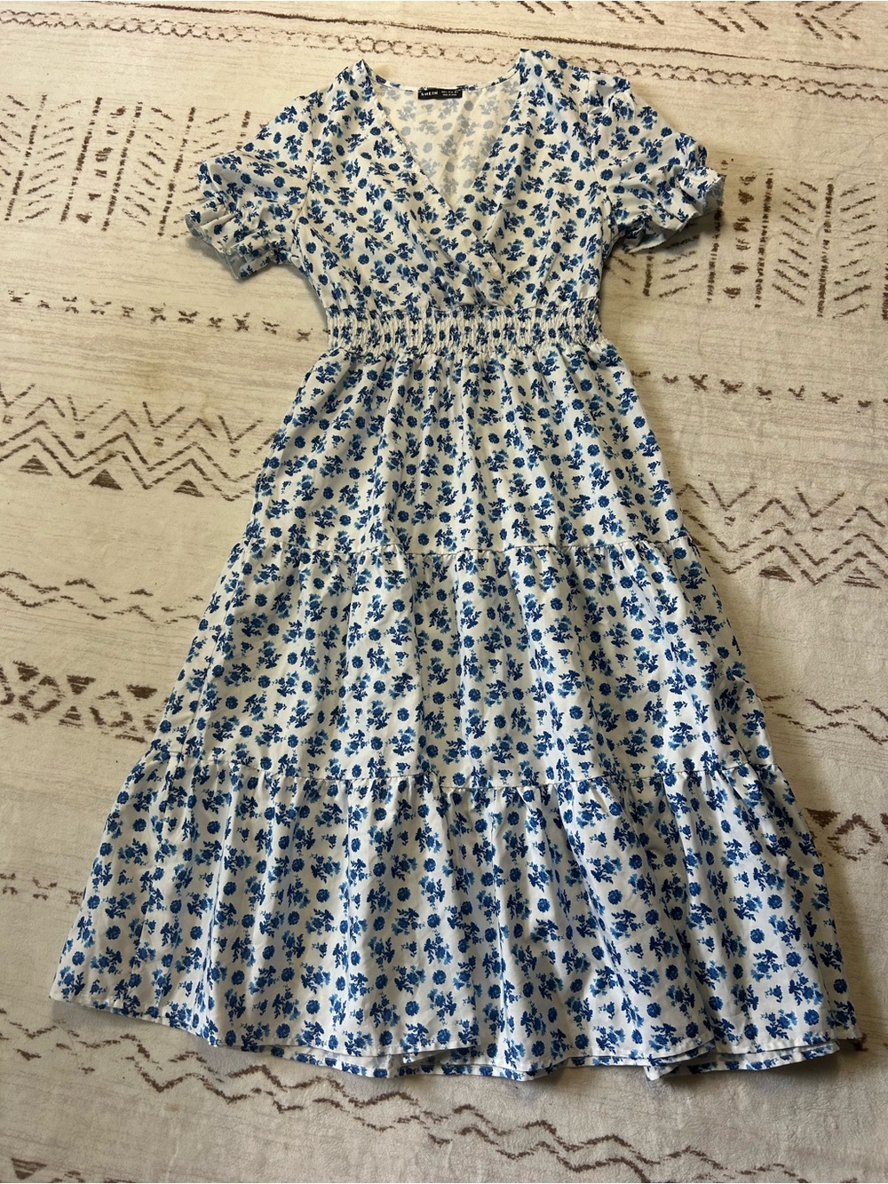 SHEIN Blue White Floral Smocked Cottagecore Midi Dress S Coastal - Picture 2 of 5